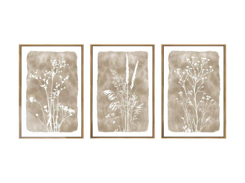 Beige Neutral Floral Canvas Wall Art Set 3 Framed Rustic Decor 16x24 In image number 0