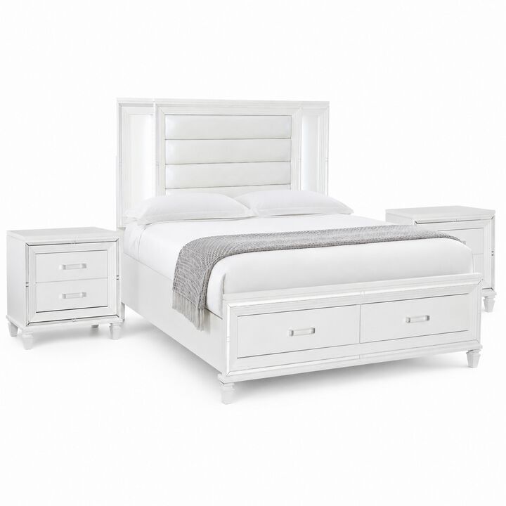 Queen Bedroom Set, White Wood, 3 Piece Set with 2 Nightstands