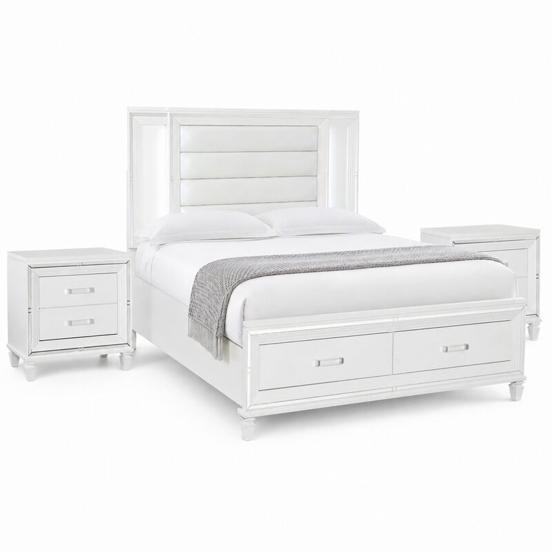 Queen Bedroom Set, White Wood, 3 Piece Set with 2 Nightstands image number 0
