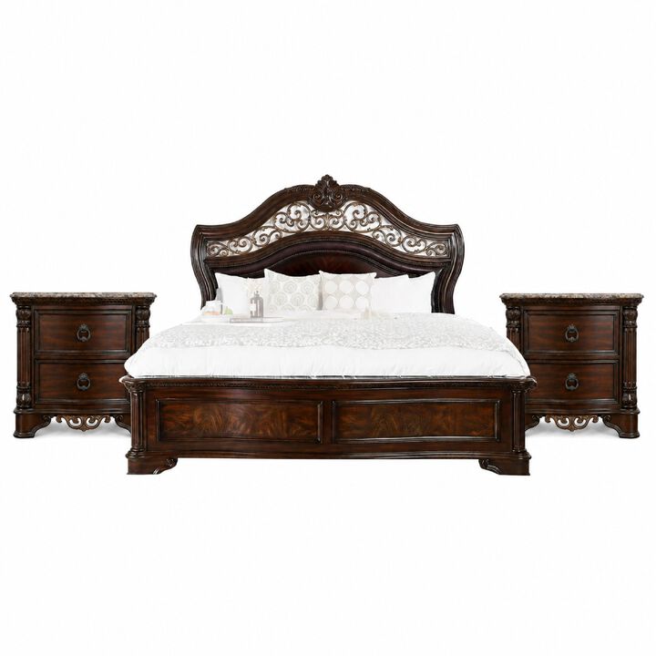 Queen Bedroom Set in Brown Cherry & Gold Wood &ndash; 3 Piece Set with 2 Nightstands