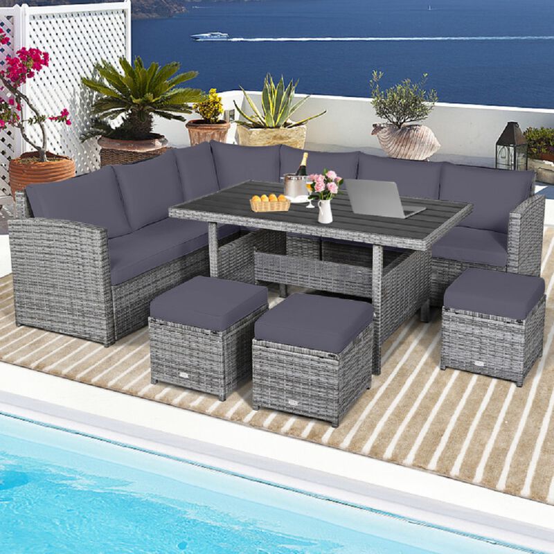 Mondawe 7 Pieces Outdoor Wicker Sectional Sofa Set with Dining Table