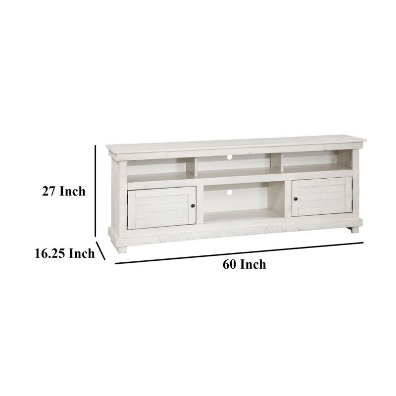 Ayne TV Stand Media Cabinet, 2 Doors and 4 Shelves, White Wood 60 Inch - Benzara