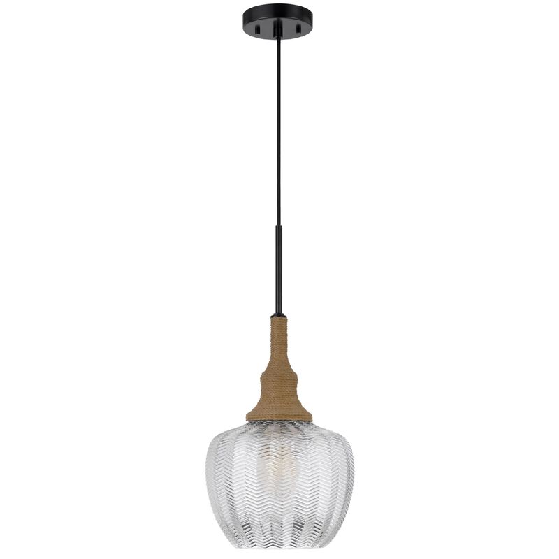 Pendant Light, Leaf Pattern Glass Shade, Burlap Rope Accent, Black Metal image number 0