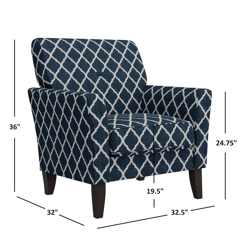 HL Home Furnishings Alex Transitional Flared Arm Armchair in Blue Trellis