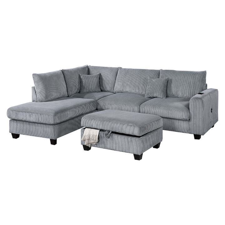 Roe 3pc Sectional Sofa Set w Chaise, Ottoman, 2 Pillows, Fog Gray - Benzara