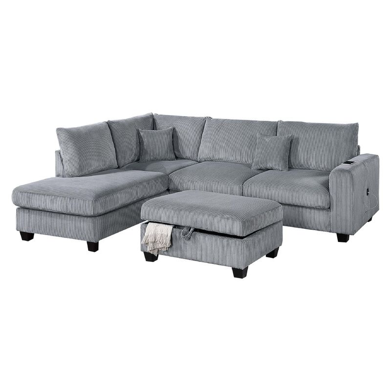 Roe 3pc Sectional Sofa Set w Chaise, Ottoman, 2 Pillows, Fog Gray - Benzara