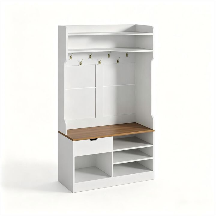 Hall Tree with Bench and Shoe Storage, 5-in-1 Entryway Hall Tree with Coat Rack, Hidden Drawer, 7 Coat Hooks, 3-Tier Shoe Storage for Hallway