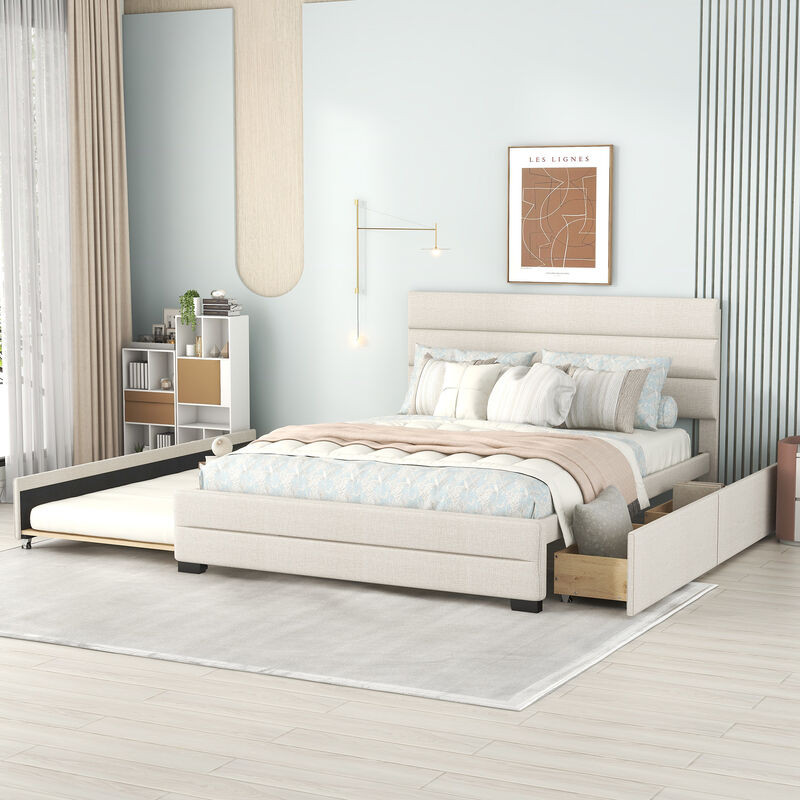 Platform Bed with Upholstered Headboard Trundle and Two Drawers