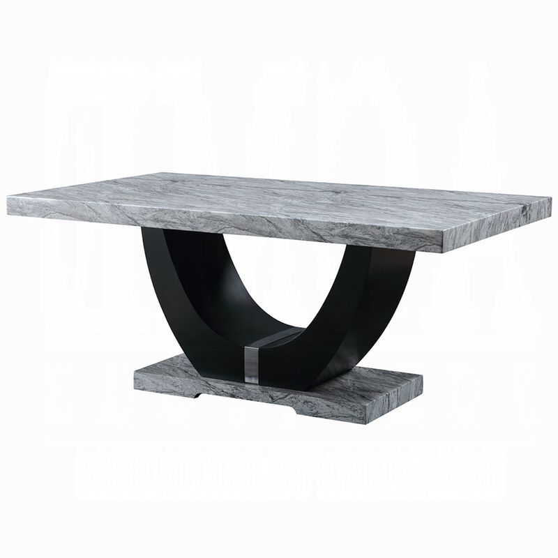 Aline Dining Table with Faux Stone Top, U-Shaped Base, Black 70 Inch