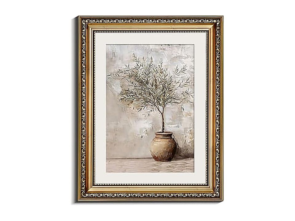 Retro Gold Framed Wall Art Vintage Olive Tree In Vessel Decor Canvas Farmhouse