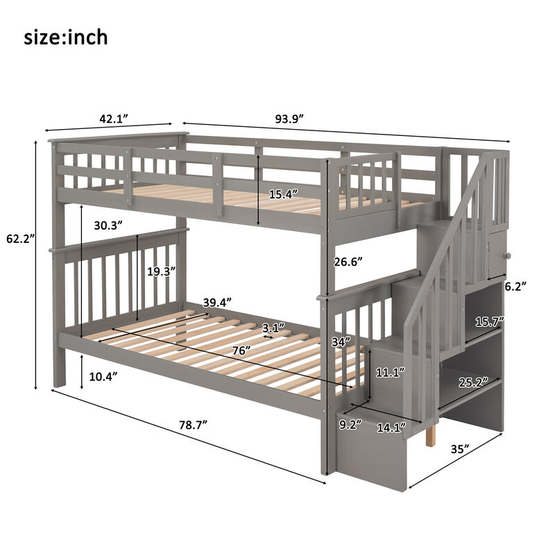 Whisen Stairway Twin-Over-Twin Bunk Bed with Storage and Guard Rail for Bedroom, Dorm- Grey