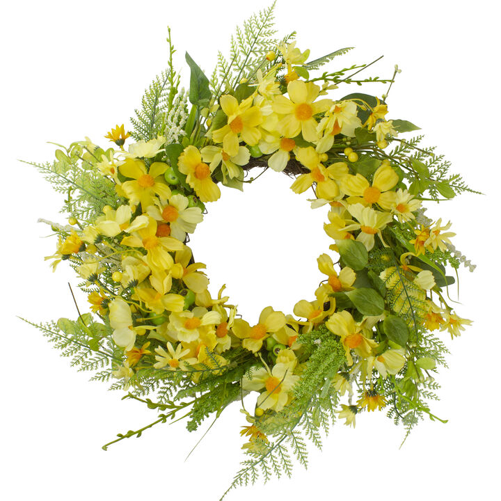 Daisy and Berry Floral Spring Wreath  Yellow and Green 23"