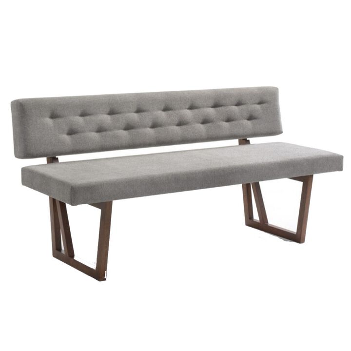 Fabric Upholstered Dining Bench with Rubber Wood Feet, Gray and Walnut Brown-Benzara