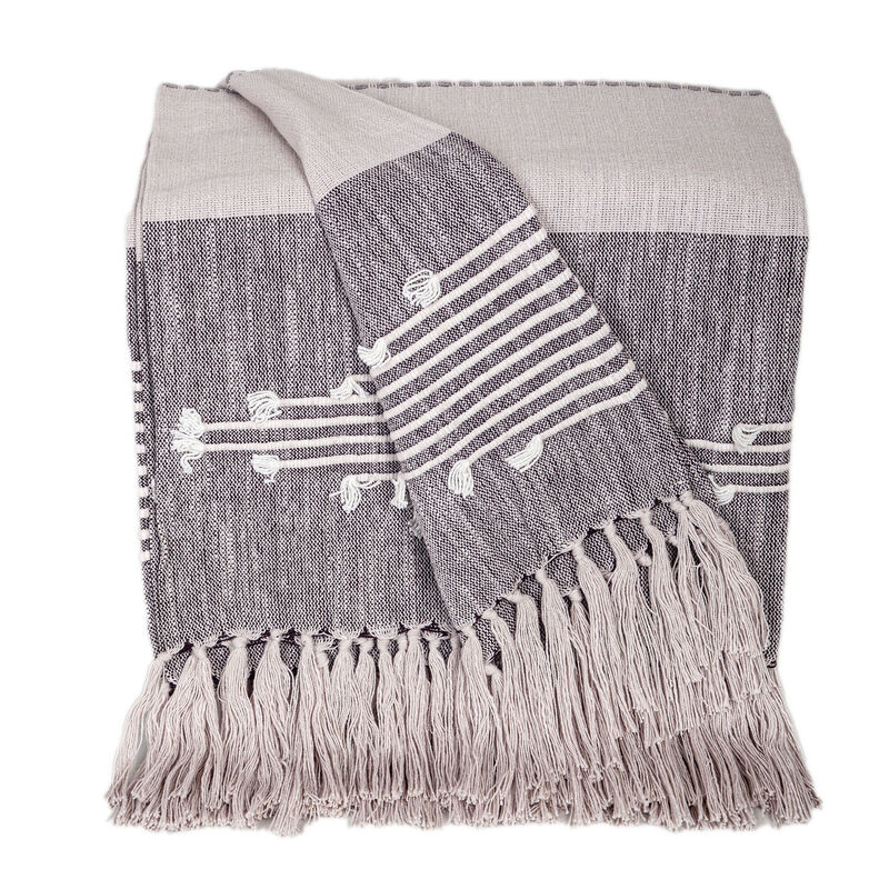 HomeRoots 50" X 60" Gray Woven Cotton Striped Throw Blanket with Tassels and Embroidery image number 4