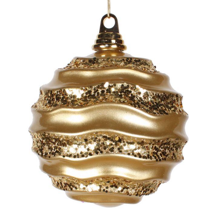 Vickerman 8" Christmas Ornament Wave Ball, Gold Stripe Candy Finish with Glitter Accents, Shatterproof Plastic, Holiday Christmas Tree Decoration