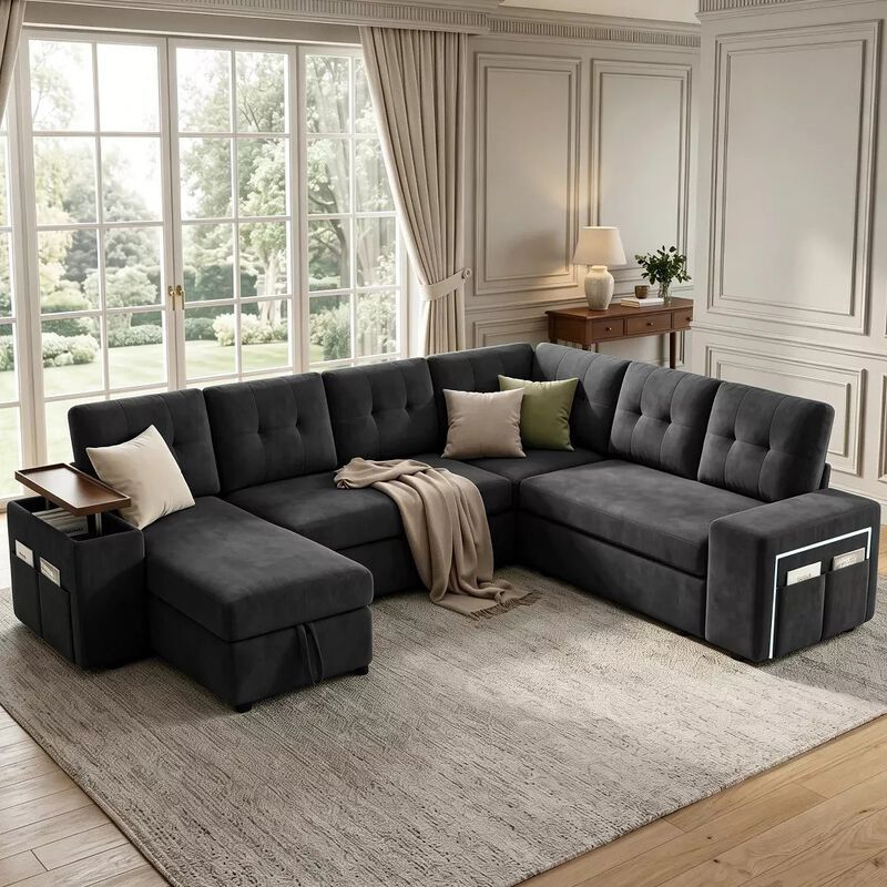 Vipbear 112" U-Shaped 7-Seat Modular Chenille Sectional Sleeper Sofa, Pull Out Bed Reclining Couch image number 8