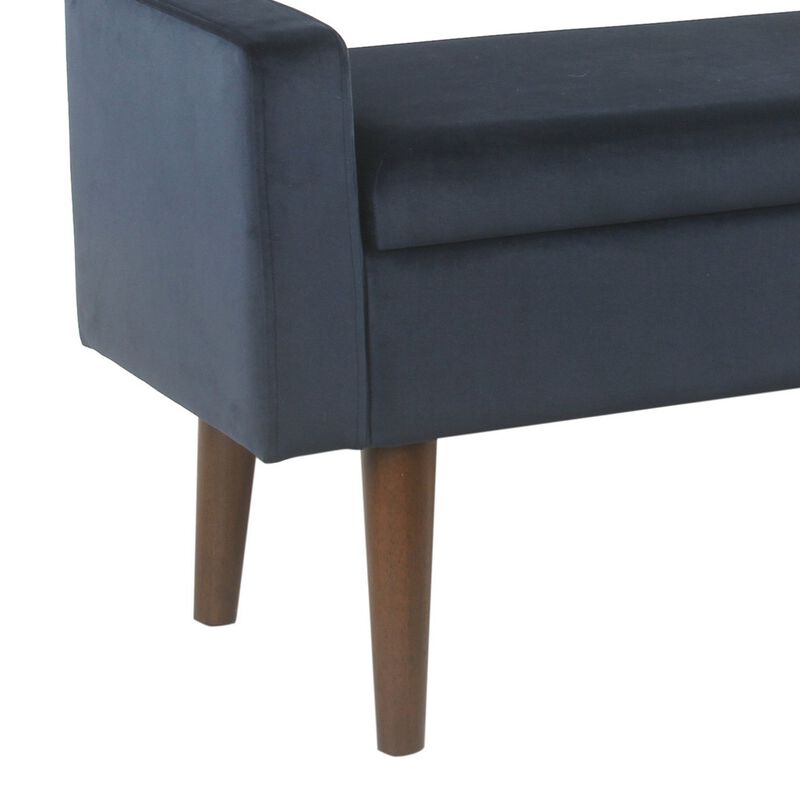 Velvet Upholstered Wooden Bench with Lift Top Storage and Tapered Feet, Navy Blue - Benzara