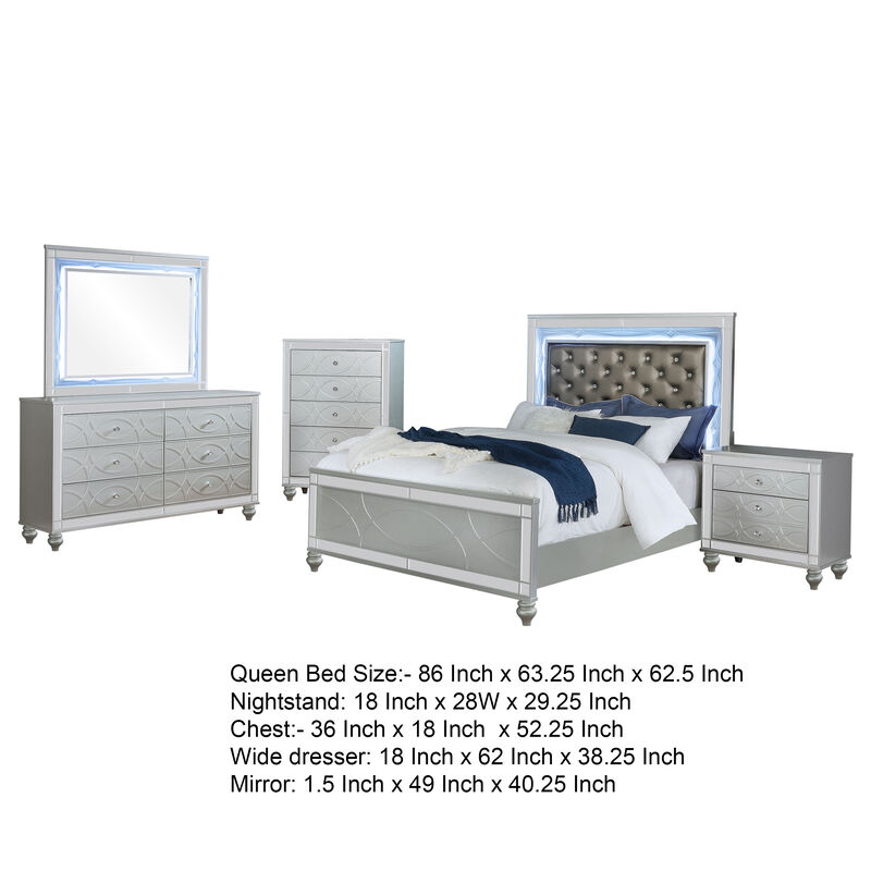 Gina 5pc Queen Bedroom Set, Silver Gray Faux Leather, LED Lights