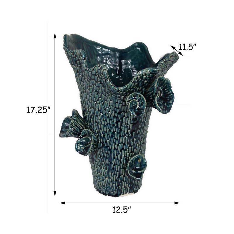 17 Inch Vase with Barnacle Design And Floral Details, Blue Ceramic Finish - Benzara