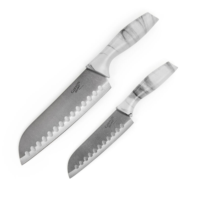 Gibson Home Beaumont 3 Piece Stainless Steel Santoku Knife Set with Cutting Board in White Marble