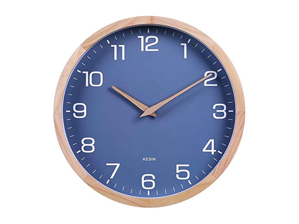 Wood Wooden Blue Simple Wall Clock 12 Inch Silent Non Ticking Modern