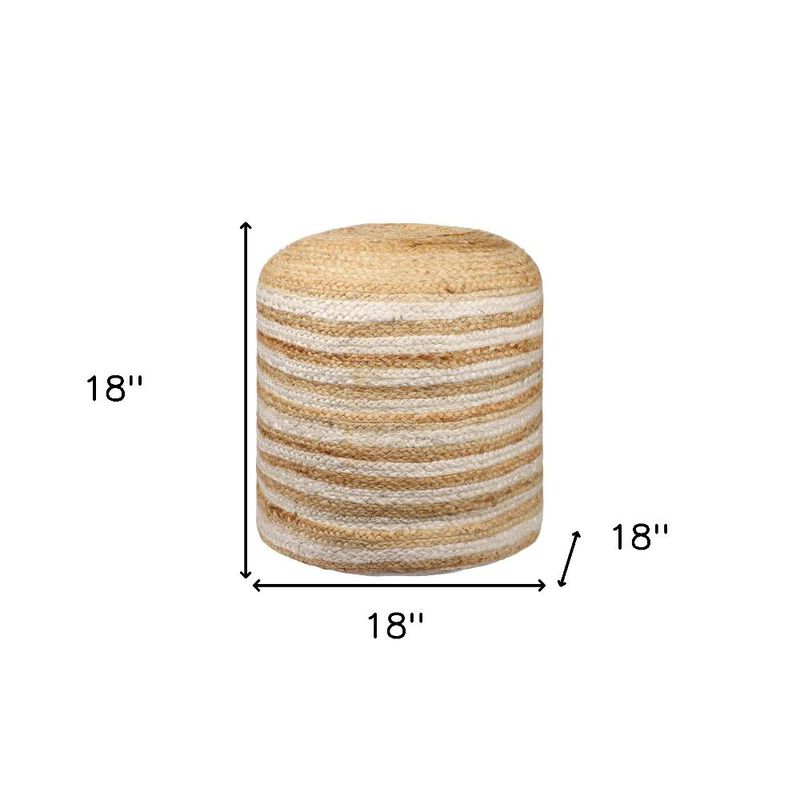 Hivvago 18 Inch Natural And White Jute Blend Cylinder Striped Pouf Ottoman