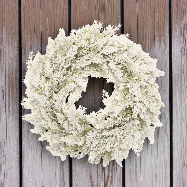 Faux Snowy Pine Wreath –  Holiday Wreath with Flocked Finish for Farmhouse, Classic, or Scandinavian Decor
