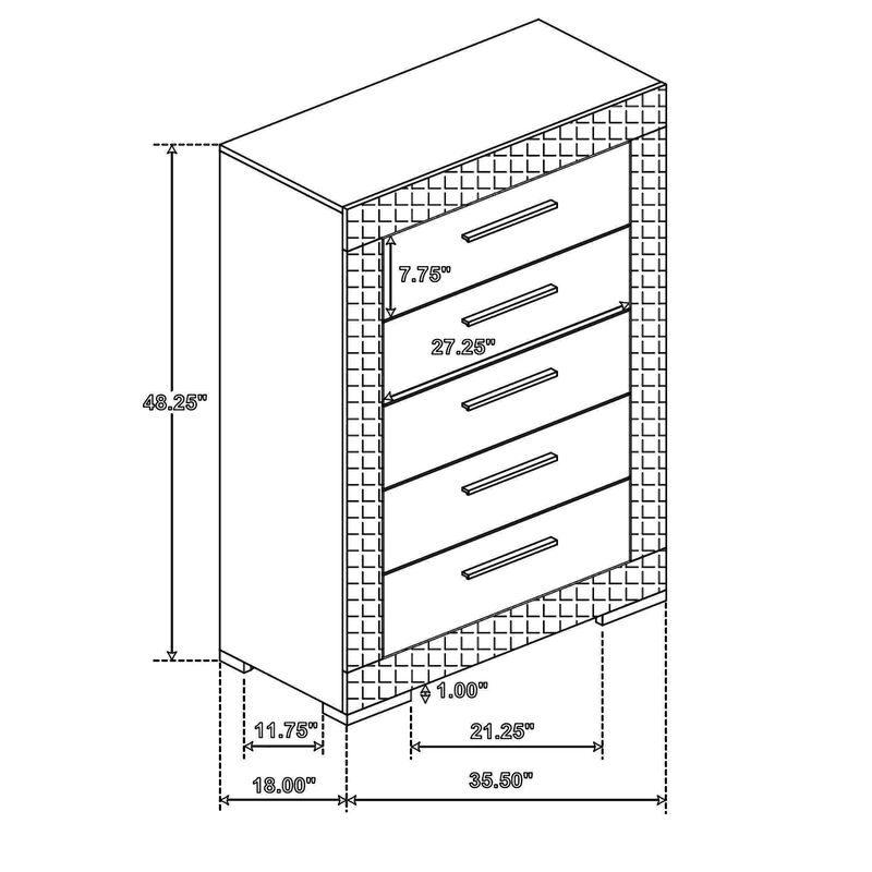 Ivon Tall Dresser Chest, 5 Drawers, Modern Glossy White Solid Hardwood - Benzara