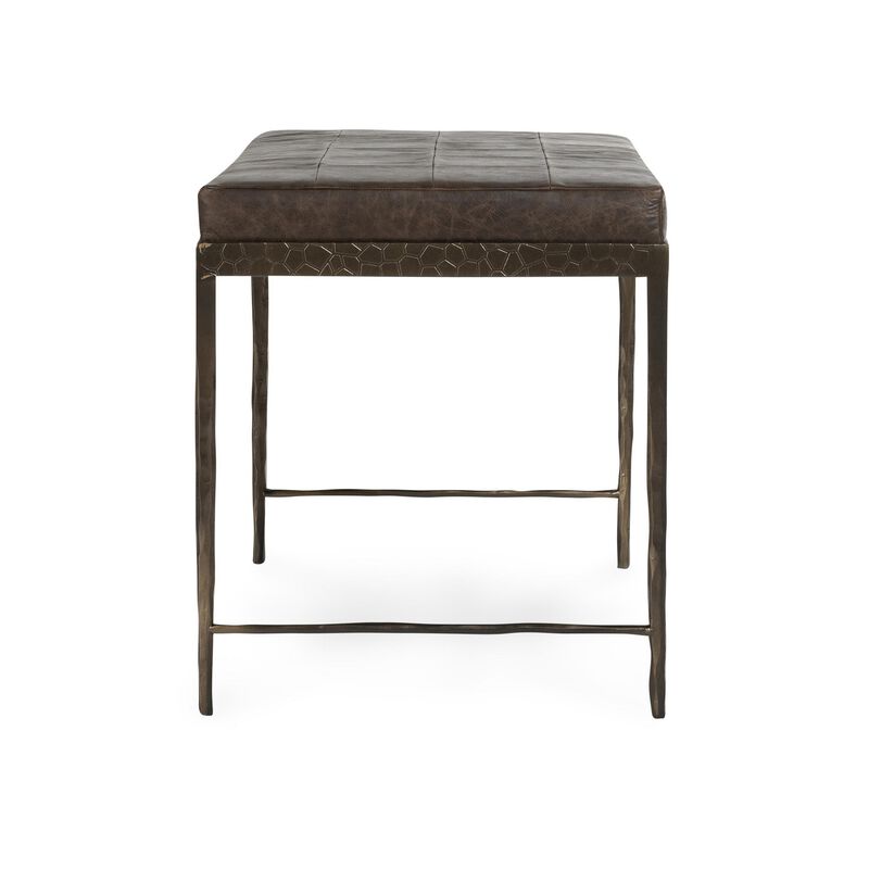 Jora Ottoman Bench, Patchwork Cocoa Brown Leather, Bronze Iron 28 Inch - Benzara