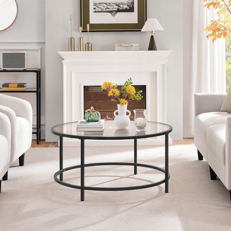 Yaheetech 36"" Round Glass Coffee Table, Black Circle Coffee Table Center Table with Glass Top, Small Coffee Table for Living Ro