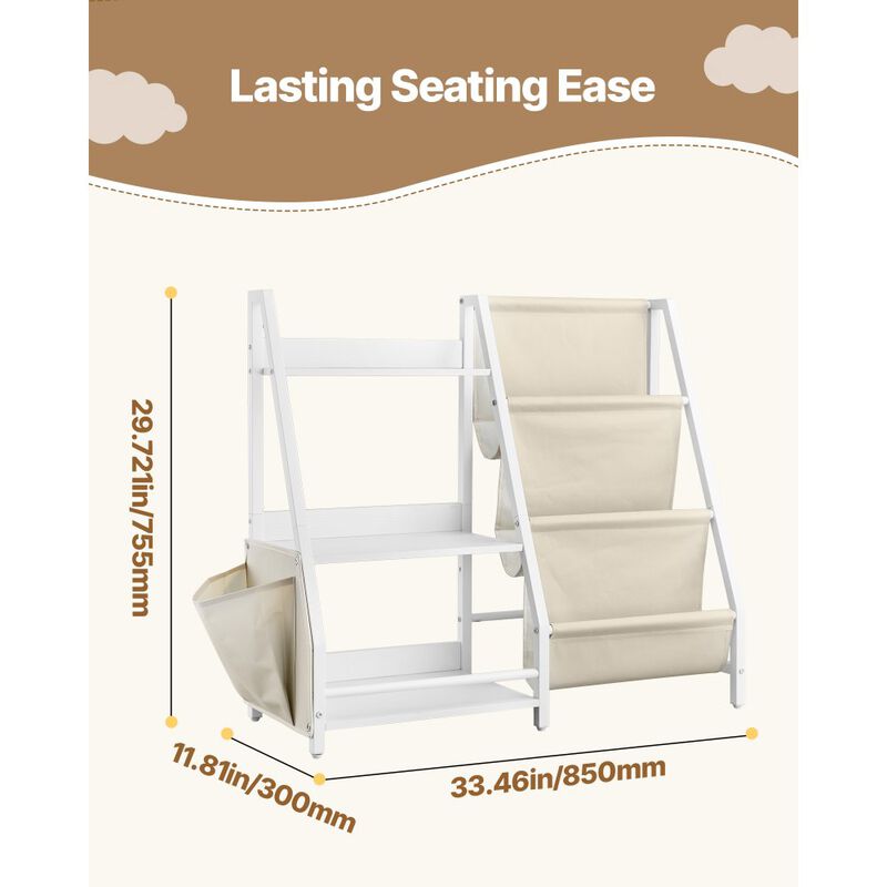 3-Tier White Kids Bookshelf with Sling Book Rack and Toy Storage Organizer image number 2