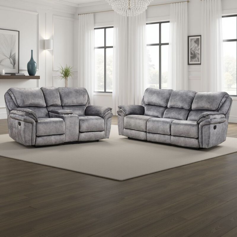 Arisa Sofa and Loveseat Manual Recliner Set, Gray Faux Leather, Drop Table - Benzara