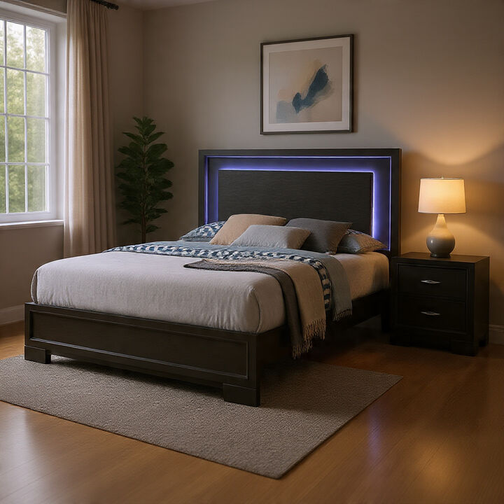 Queen Bedroom Set, Dark Gray, Metallic Gray Wood, 2 Piece Set with Nightstand
