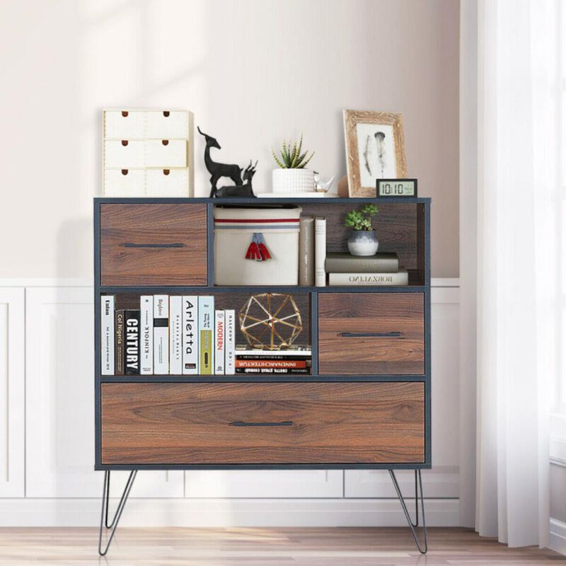 Hivvago 3-Tier Wood Storage Cabinet with Drawers and 4 Metal Legs