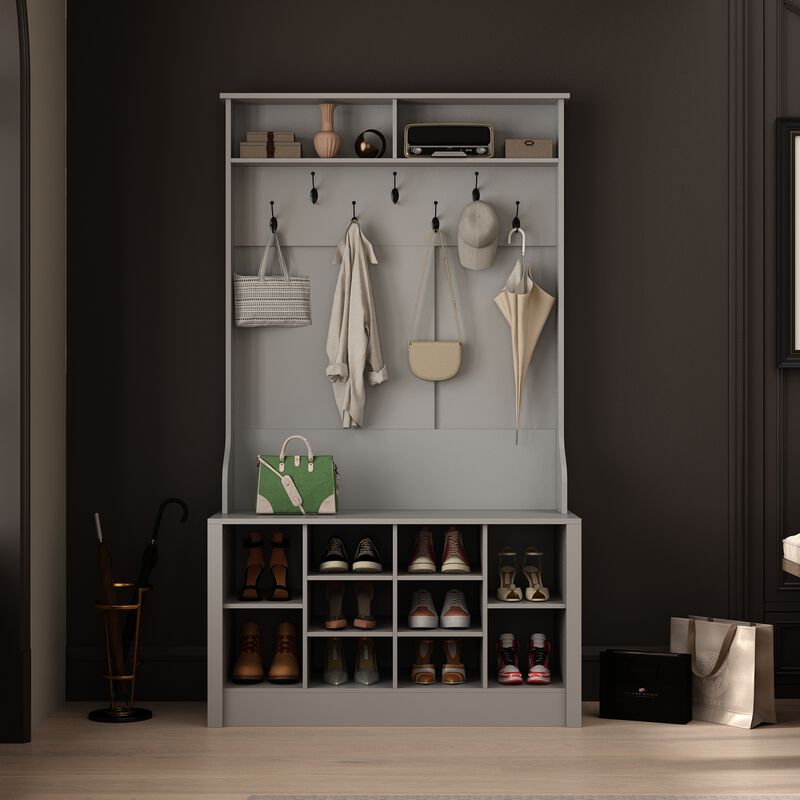 68.5 in. Black Wood 3-in-1 Hall Tree Coat Rack Storage Bench with 7-Metal Double Hooks and Shelves image number 1