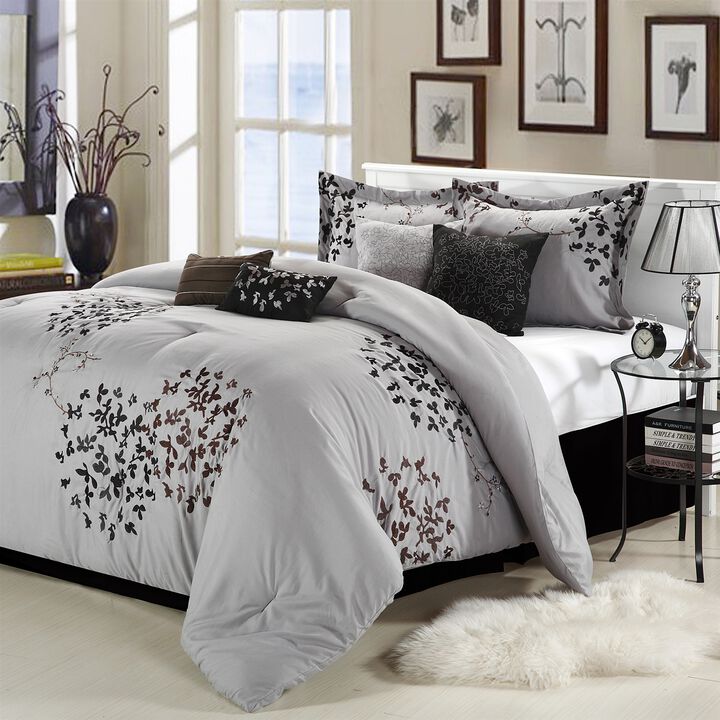 Hivvago Queen size 8-Piece Comforter Set in Silver Gray Black Brown Floral