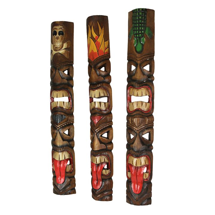Set of 3 Double Tiki Mask Totem Hand Carved Wall Decor Tribal Sculpture 40 Inch