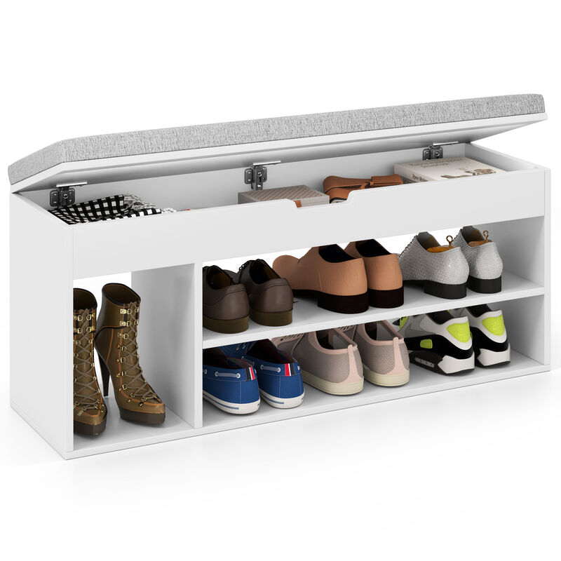 Shoe Organizer Bench with Cushion Seat, 3 Open Shelves, and Hidden Storage