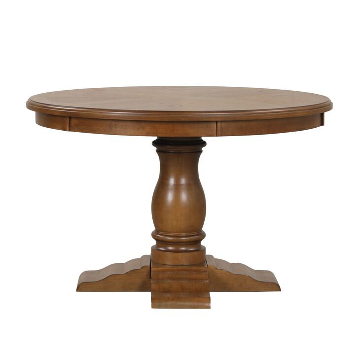 Dinie Dining Table, Classic Turned Base, Chestnut Brown Wood 48 Inch - Benzara