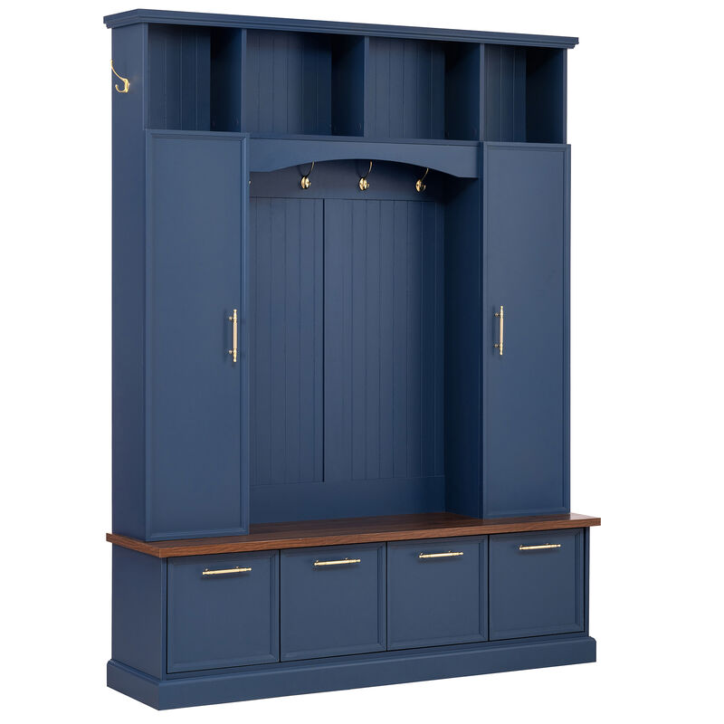 Merax Farmhouse Hall Tree with Gold-Tone Handles, Upper Cabinets with Hooks & Adjustable Shelves image number 0
