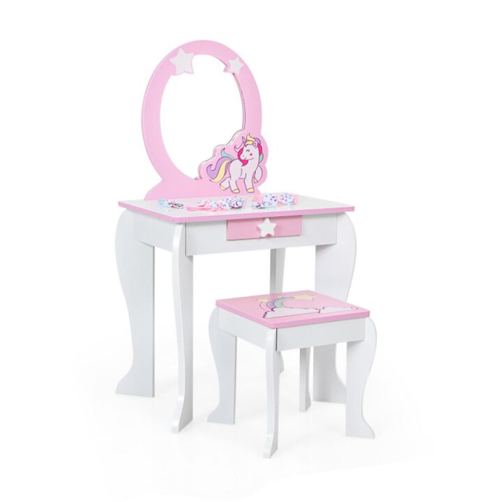 Hivvago Kids Vanity Set Makeup Dressing Table and Chair Set with Mirror and Drawer