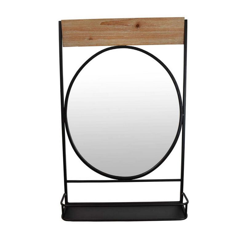 Feno Decorative Wall Mirror w Rack, 30 Inch Round Black Metal Frame