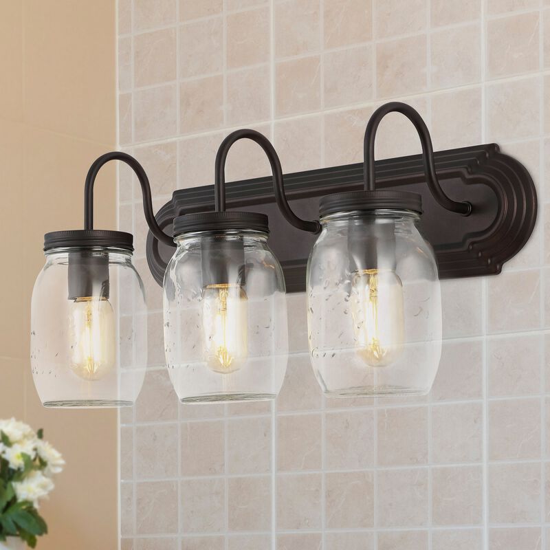Gaines 3-Light Farmhouse Industrial Iron Mason Jar LED Vanity