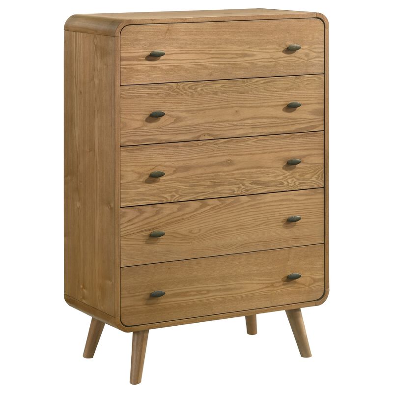 Ryb Tall Dresser Chest with 5 Drawers, Angled Legs, Brown Rubber Wood image number 2