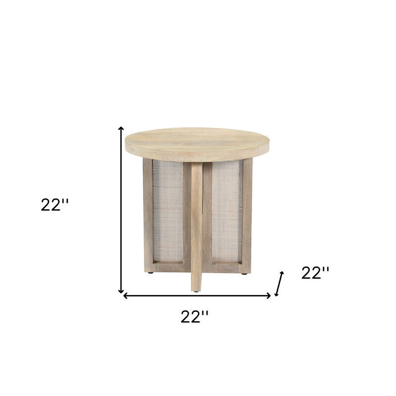 Hivvago 22 Inch Natural Solid Wood And Rattan Round End Table
