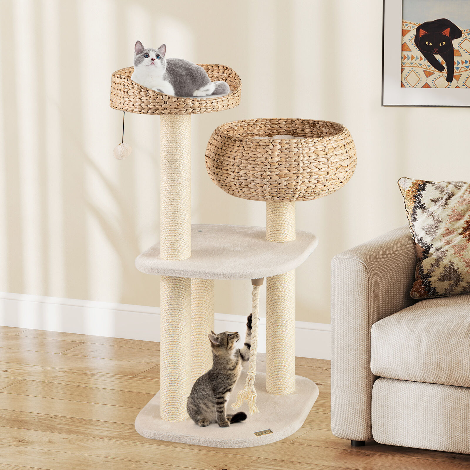 Modern Rattan Cat Tree with Elevated Napping Perch - Stylish Cat