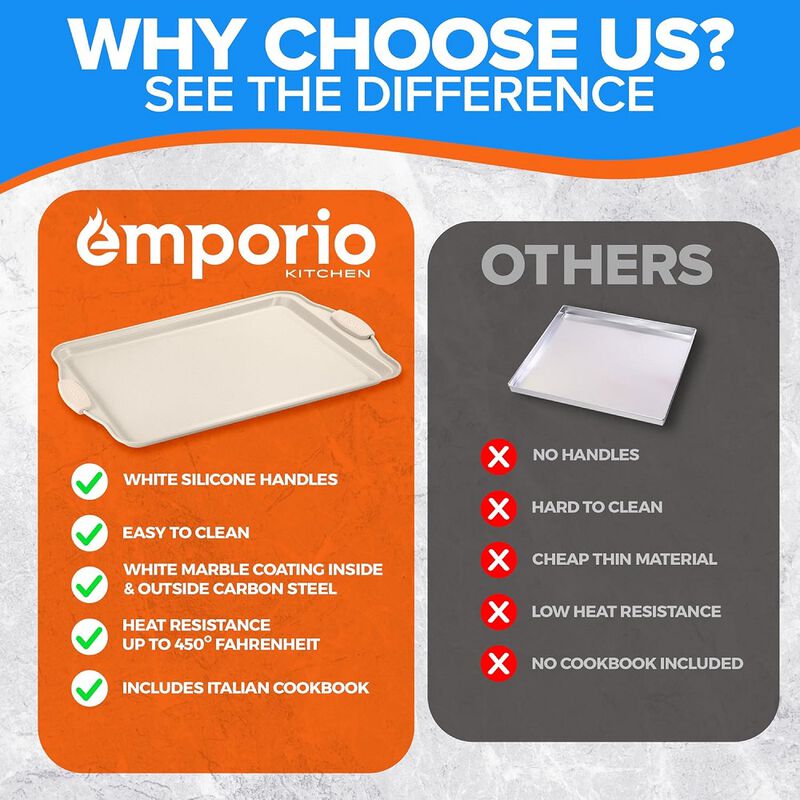 Baking Pan Set - Nonstick Coating, Carbon Steel Bakeware Set with White Silicone Handle, PFOA, PFOS, PTFE Free, Recipe Booklet Included, Oven Safe Tray (Up To 450&deg; F), Set of 3 - White