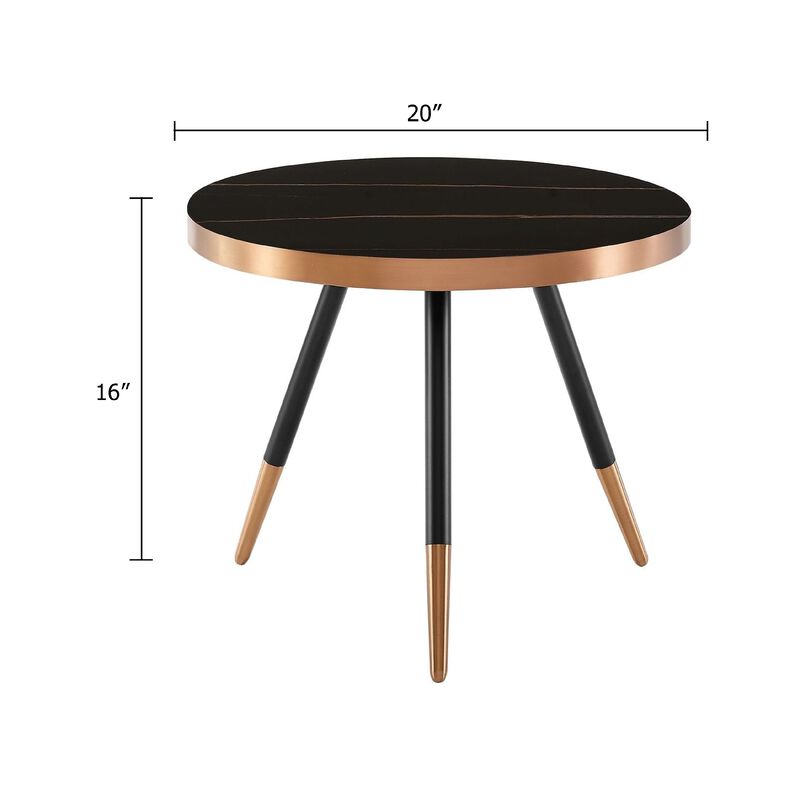 Cid Casu Coffee Table, 20 Inch, Round Black Ceramic Top, Rose Gold Accents - Benzara image number 4