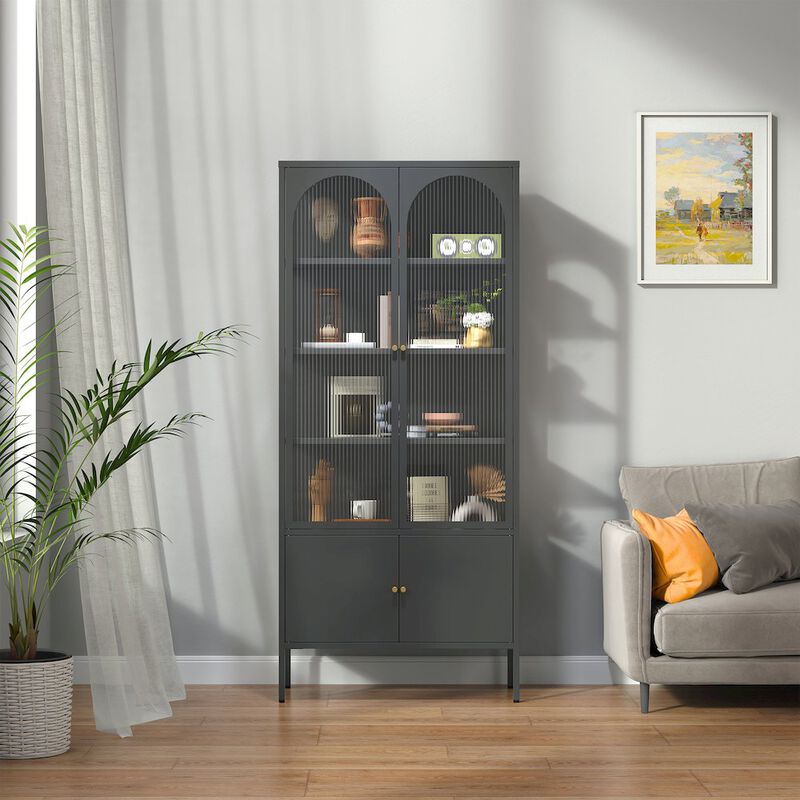 Glamour Home Benton 70.94-inch Black Four Door Storage Cabinet with Fluted Clear Doors