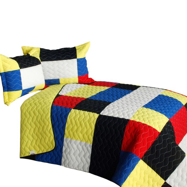 Soft Queen Quilt Set with Vermicelli Quilted Patchwork Plaid Design-Multi Color